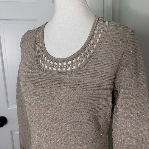 KARL LAGERFELD PARIS Fit & Flare Dress Sz Large Crochet Trim Gold Metallic New - Picture 2 of 8