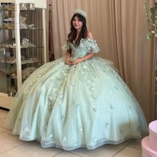 Green Quinceanera Dresses Ball Gown Off Shoulder 3D Floral Party Dress Sweet 16