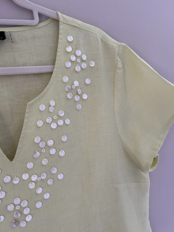 Dolina Womens Linen Top Size 16 Lime Green Shells Sleeveless Summer Holiday - Image 3 of 4