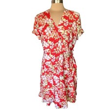 J.Jill Papaya Red Floral Wrap Dress Ruffled Hem & Sleeve MEDIUM Resort Vacation