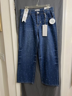 NWT Gogo Jeans Junior White Rhinestones Wide Leg Perfect Fit Denim 11/30