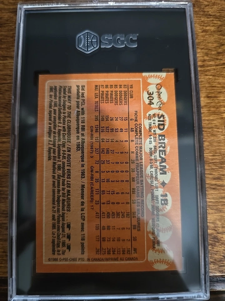 1988 O-Pee-Chee - Sid Bream #304 SGC 9 - Image 2 of 2