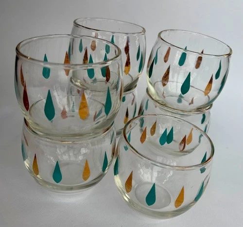 Vintage MCM Atomic Barware Tumblers-Turquoise & 22K Gold-Set of 7