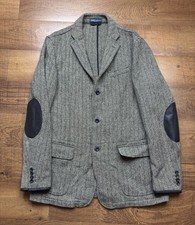 VTG Polo Ralph Lauren Herringbone Tweed Sport Coat Leather Patches Men 42L -READ