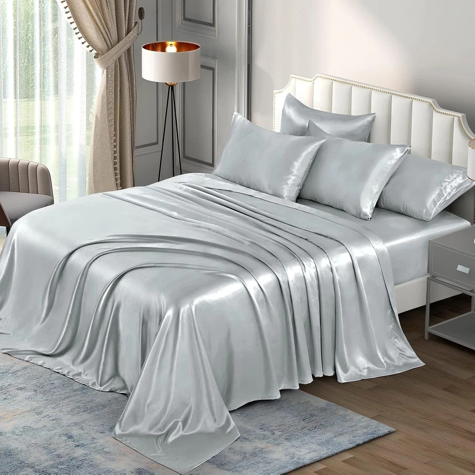 Soft Silver Grey Satin Sheets King Set - 6 Pieces, Wrinkle Resistant & Stylish - Image 3 of 4
