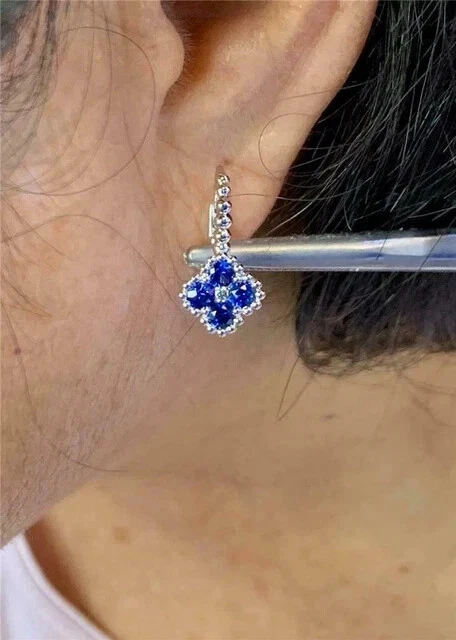 Drop Dangle Earrings 14K White Gold Plated 2Ct Round Lab Created Sapphire Flower - Image 3 of 4