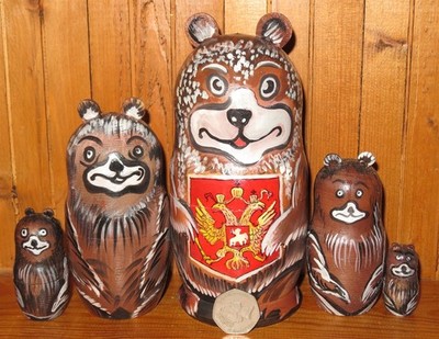 BÄRENFAMILIE russischer zweiköpfiger Adler Bären Jungtier Nistpuppen 5 Petrova signiert