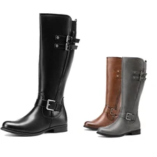 Women Motorcycle Knee High Boots Low Heel Round Toe Zip Up Riding Boots