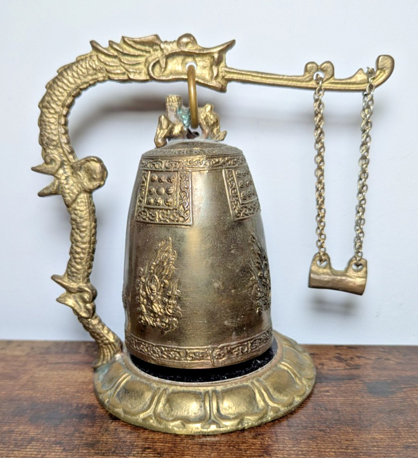 Asian Vintage Brass Temple Bell Dragon Gong Patina April 1993 Osan AB, Korea