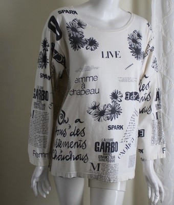 Priority Sz M L Funky French Writing Art-to-Wear Floral Cotton Tunic Shirt Top
