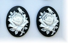 2 New WHITE Rose on BLACK Flower CAMEOS 40mm x 30mm Costume Jewelry CAMEOS