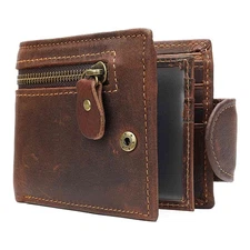 Vintage Men Women Wallet Genuine Leather RFID Bifold with Zip Coin Pocket Purse