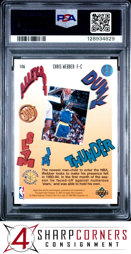 1993 UPPER DECK PRO VIEW 3-D #106 CHRIS WEBBER RC HOF POP 5 PSA 9 - Image 2 of 3