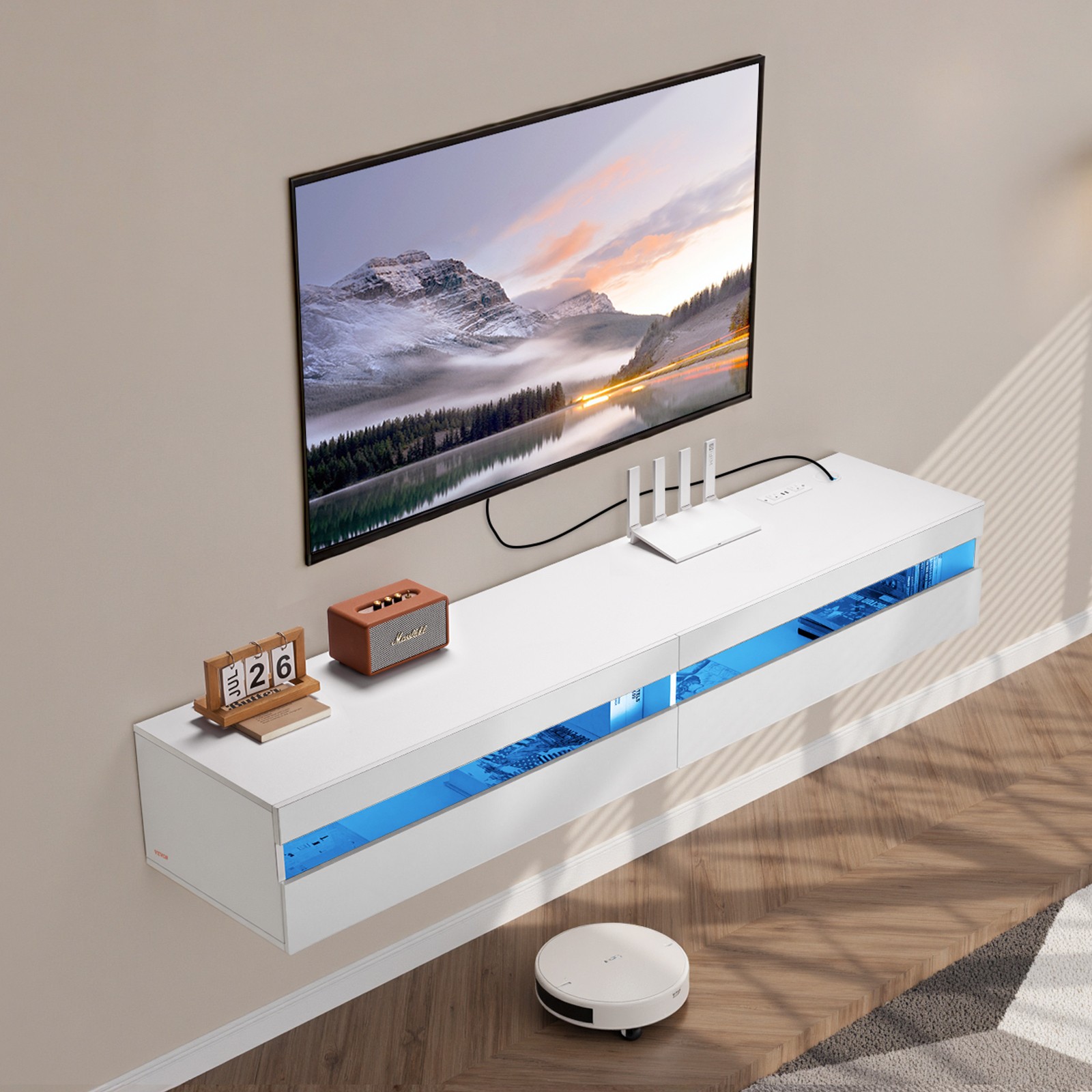 71" Entertainment Center Power Outlet & Led Light White