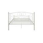 White metal bed frame with scalloped edge, featuring ornate floral scrollwork headboard and footboard, set against a plain white background.