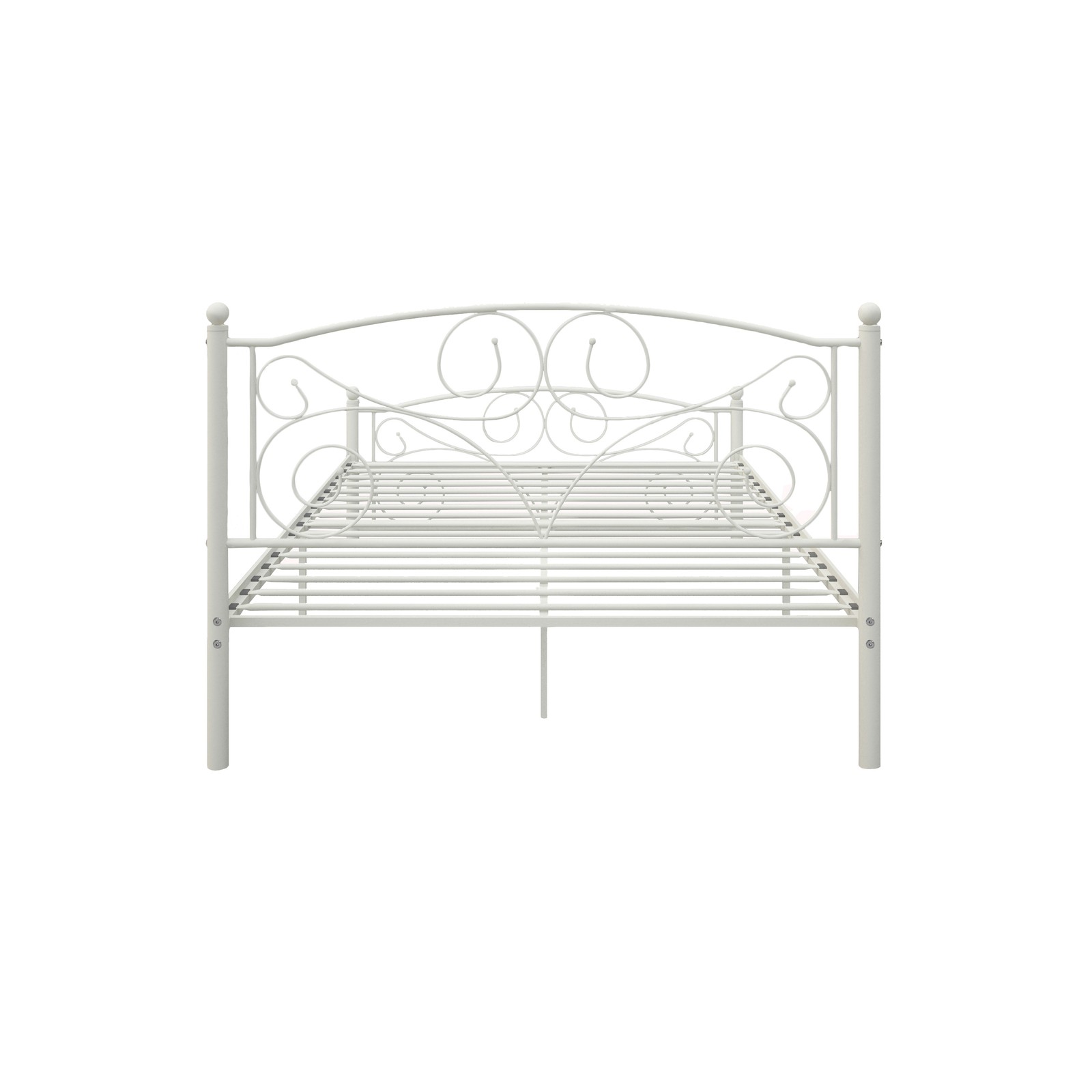 White metal bed frame with scalloped edge, featuring ornate floral scrollwork headboard and footboard, set against a plain white background.