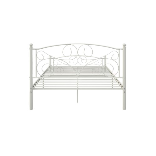 White metal bed frame with scalloped edge, featuring ornate floral scrollwork headboard and footboard, set against a plain white background.