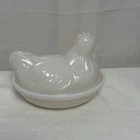 Antique Anchor Hocking White Milk Glass Hen on a Nest Dish Chicken in Basket 5"