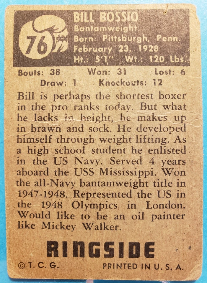 1951 TOPPS RINGSIDE #76 BILL BOSSIO - Image 2 of 3