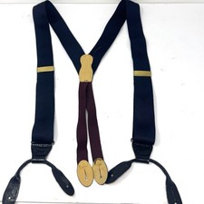 Martin Dingman Navy Blue Suspenders Solid Brass Clips Black Leather Button Tabs