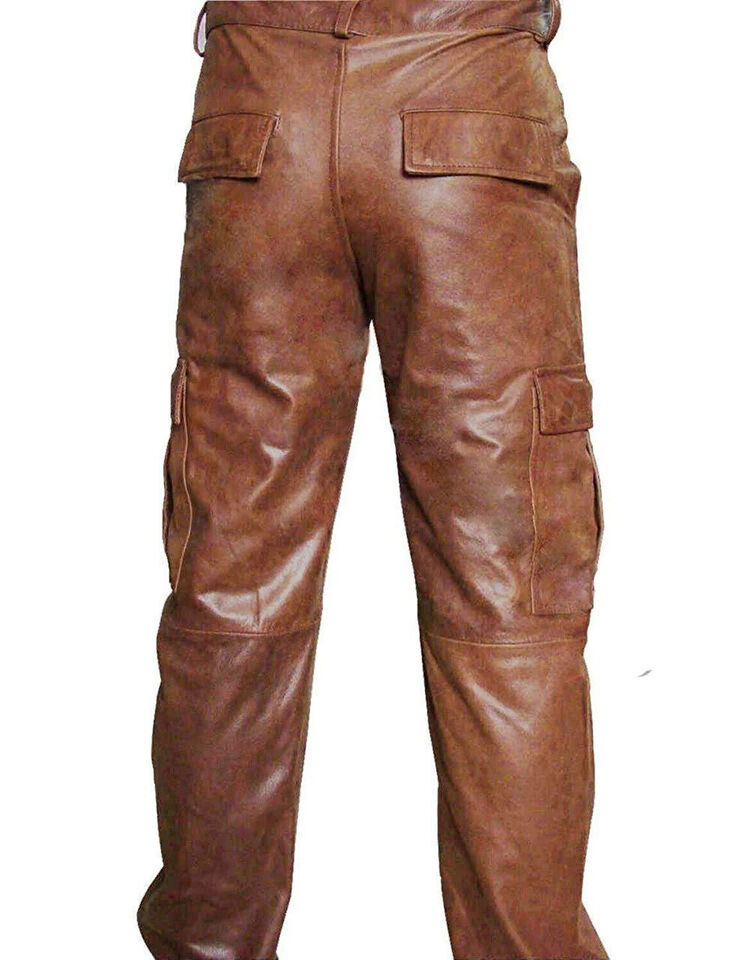 Pantalones cargo de cuero real marrón para hombre piel de cordero suave sexy estilo cargo pantalones vaqueros