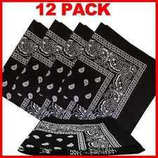 Black Paisley Bandanas 100% Cotton (12 Pack) 22" x 22" 