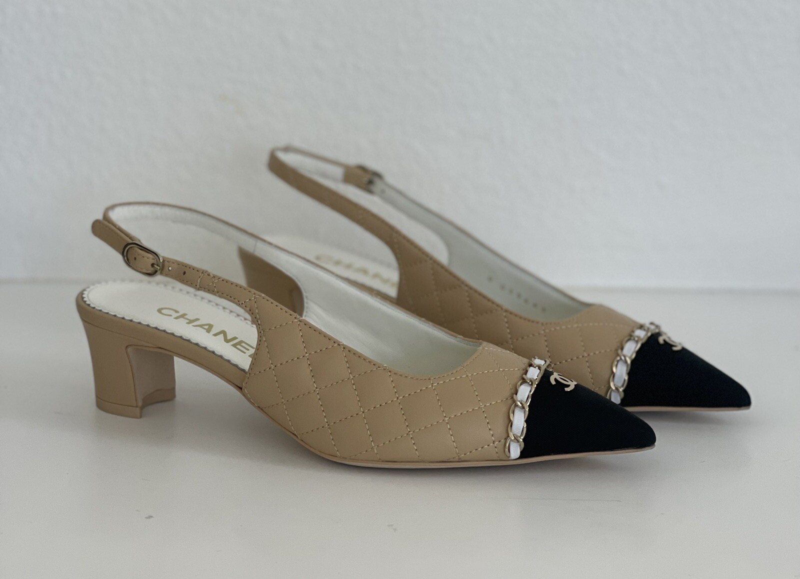 chanel slingback beige and black price