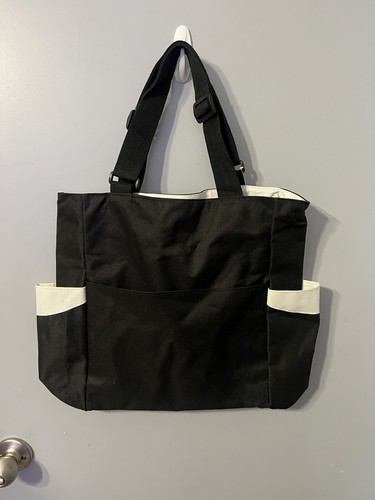 Canvas Bag, Black & White with Shoulder Strap & Pockets. Made by Golden Pacific. - Picture 2 of 6