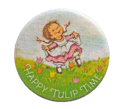 Hallmark BUTTON PIN Easter Vintage HAPPY TULIP TIME CHARMER 1978 Pinback FABRIC