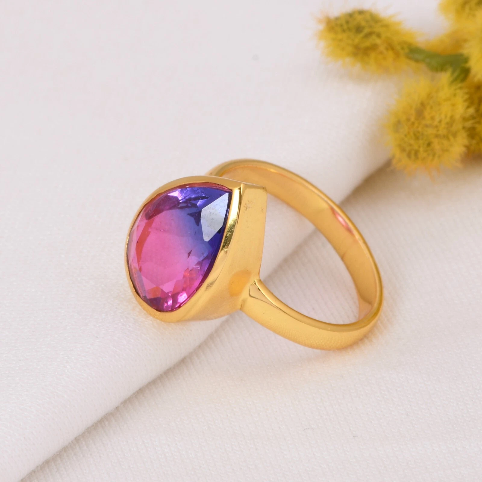 s-l1600 Pear Cut Tourmaline Quartz Ring in Gold Plated Teardrop Engagement Ring For Gift