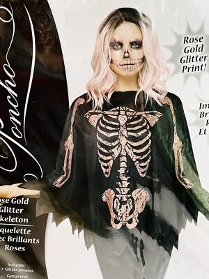 Adult Skeleton Glittery Rose Gold Easy Halloween Costume Poncho Cape Fits Most