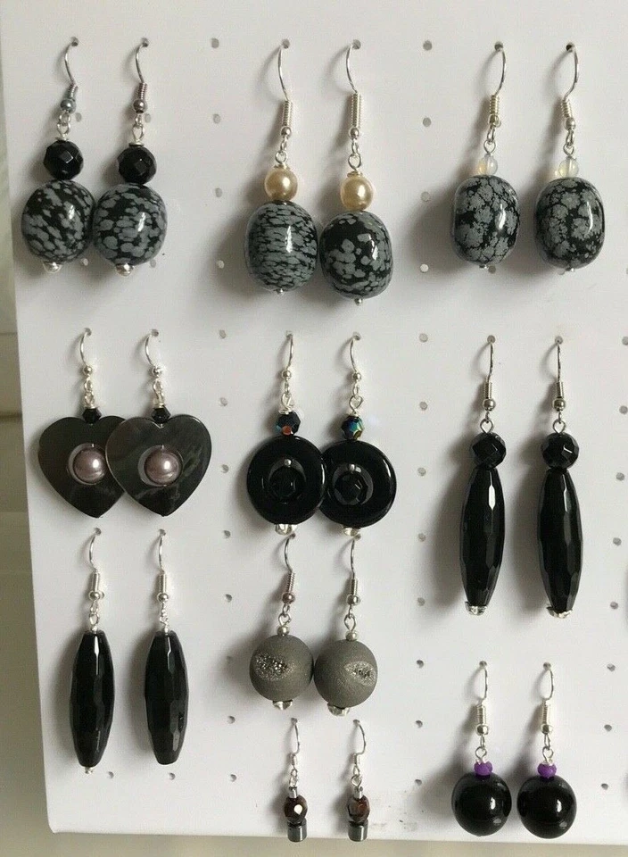 Black Stone or Shell Bead Dangle Earrings on Silver Plated Hooks - Image 2 of 4