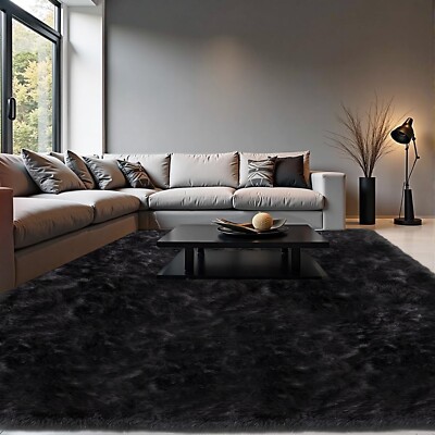Black Fluffy Area Rug Fuzzy Furry Faux Fur Sheepskin Rug for Living Room Bedroom