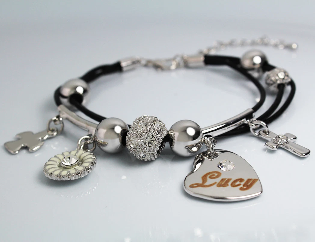 White Gold Charm Name "LUCY" Leather Bracelet Birthday Christmas  Gifts For Her