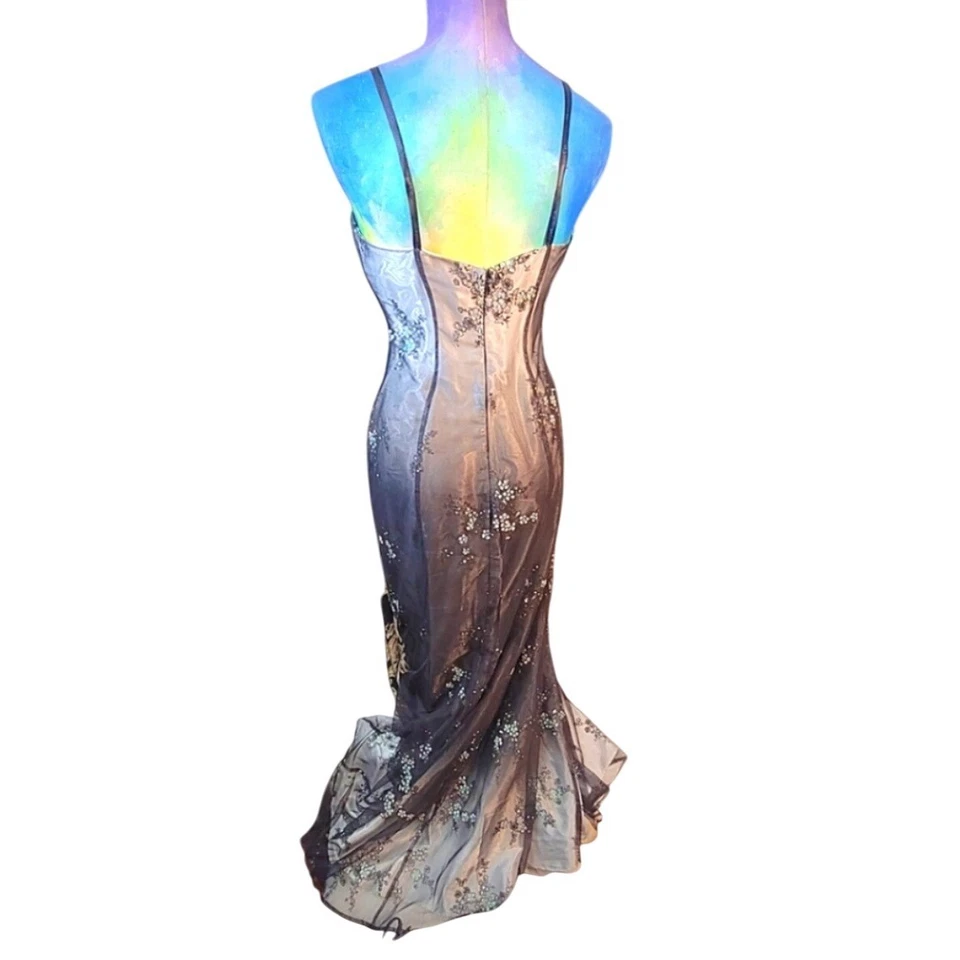 Y2K Long Formal Dress Black Floral Overlay Whimsigoth DarkFairy Sz 7/8 Prom Hoco - Image 2 of 4