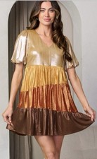 Short Puff Sleeve Shimmer Dress. S, M, L . Cotton Spandex Blend. Mini.