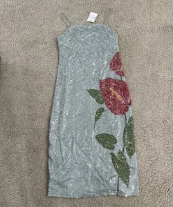 farm rio sequin blue anthurium flowers midi slip dress Farm Rio Sequin Blue Anthurium Flowers Midi Slip Dress