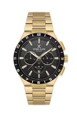 Mens 44mm Quartz Watch Steel Strap Gold / Black Dial Day-Date