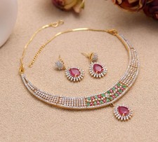 Choker Necklace Set Ruby Emerald CZ Stone Earrings Gold Plated Indian Wedding