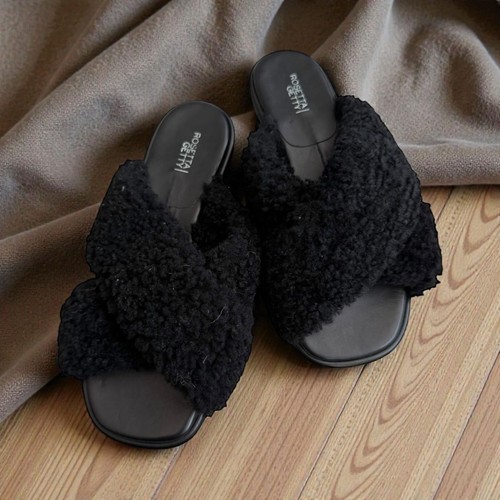 ROSETTA GETTY Black Shearling Slides Sandals Size 36.5 / 6.5