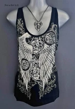 New Womens BLACK CRYSTAL MOTORCYCLE ANGEL WINGS BIKER TANK TOP S M L XL 1X 2X 3X