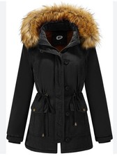Women's Black Mid-Length Parka Jacket with Fur Trim Hood, Button  Drawstring