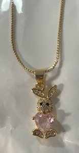 Authentic 18K Gold Plated Cute Rabbit Bunny Pendant Necklace pink Heart Crystal & Bow