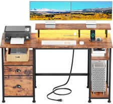 51" Computer Desk with Power Outlet and LED Lights Reversible Home Office Desk