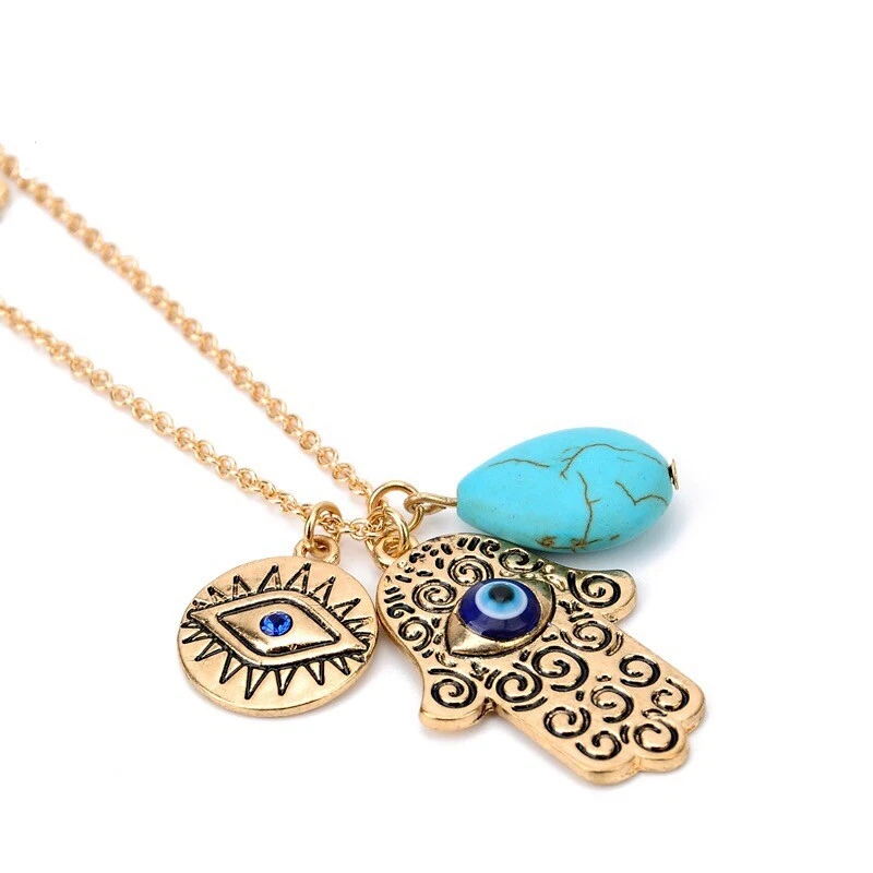Collar ZARD Turquesa Mal de Ojo Hamsa Dijes de Mano en Capas En Oro De Colección Foto 2 de 4