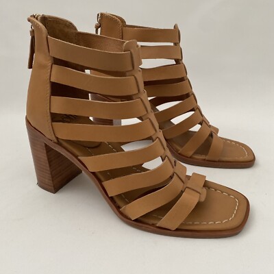Sofft Block Heel Strappy Sandals 9 M Tan Leather Zip Up Open Toe