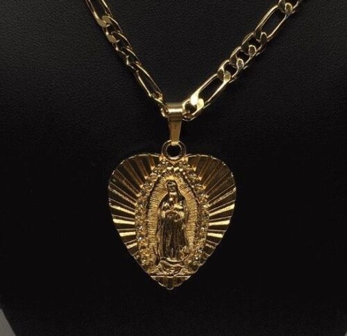 Cadena 26" de Oro Laminado Cn Corazon de Virgen Guadalupe y Piedras Blancas