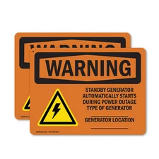 (2 Pack) Standby Generator Automatically With Symbol OSHA Warning Sign Decal