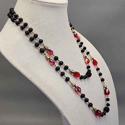 Vtg Glass Beaded Necklace Set of 2 AB Red Teardrop Black Round 21-28" - Picture 6 of 15