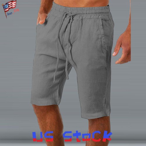 Mens Elasticated Cotton Linen Drawstring Cargo Shorts Beach Casual Half Pants - Picture 26 of 26